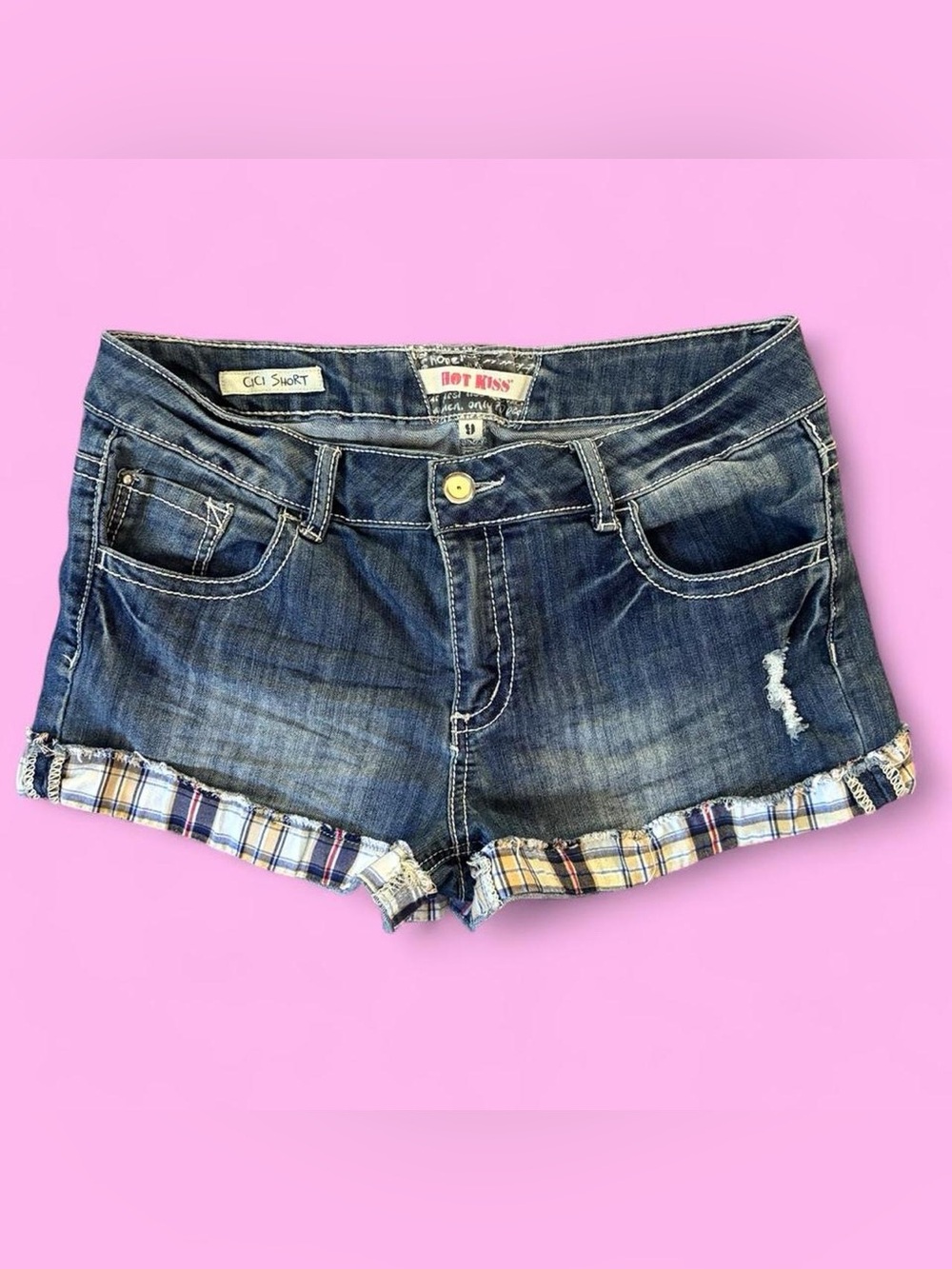 Hot Kiss Dark Blue Denim Shorts with Plaid Cuffs